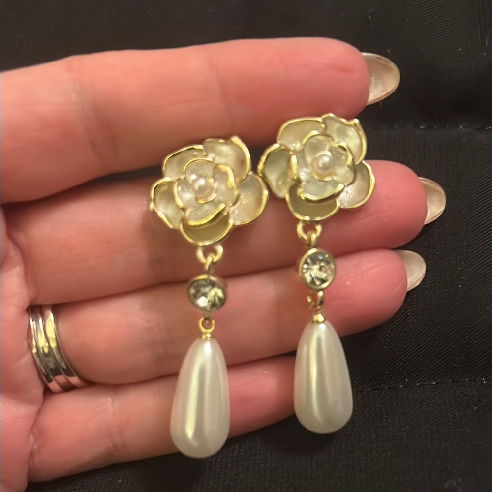Gold and Cream Camellia Pearl Drop Earrings